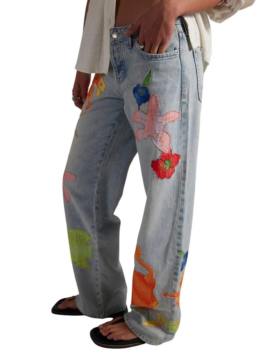 Free People Light Wash Straight-Leg Jeans with Colorful Sea-Life Appliqués